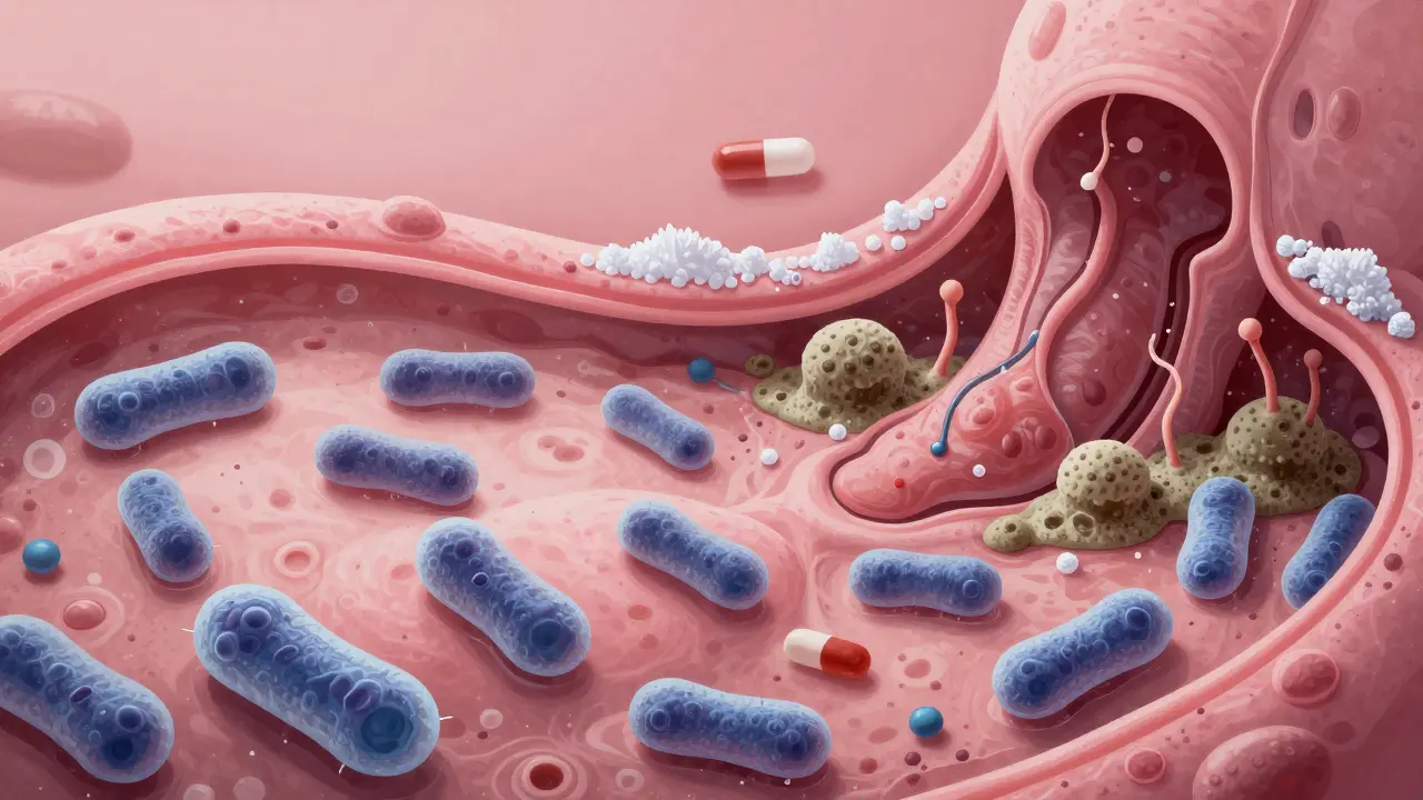 Symbolický obraz rovnováhy mikroflóry pochvy: prospěšné bakterie proti přílišnému růstu hub.