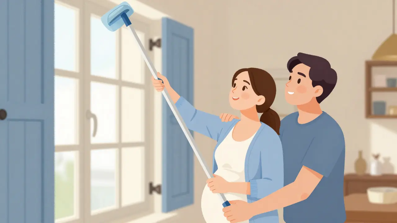 Těhotná žena a její partner společně čistí okno pomocí dlouhé tyče, bez rizika pádu.