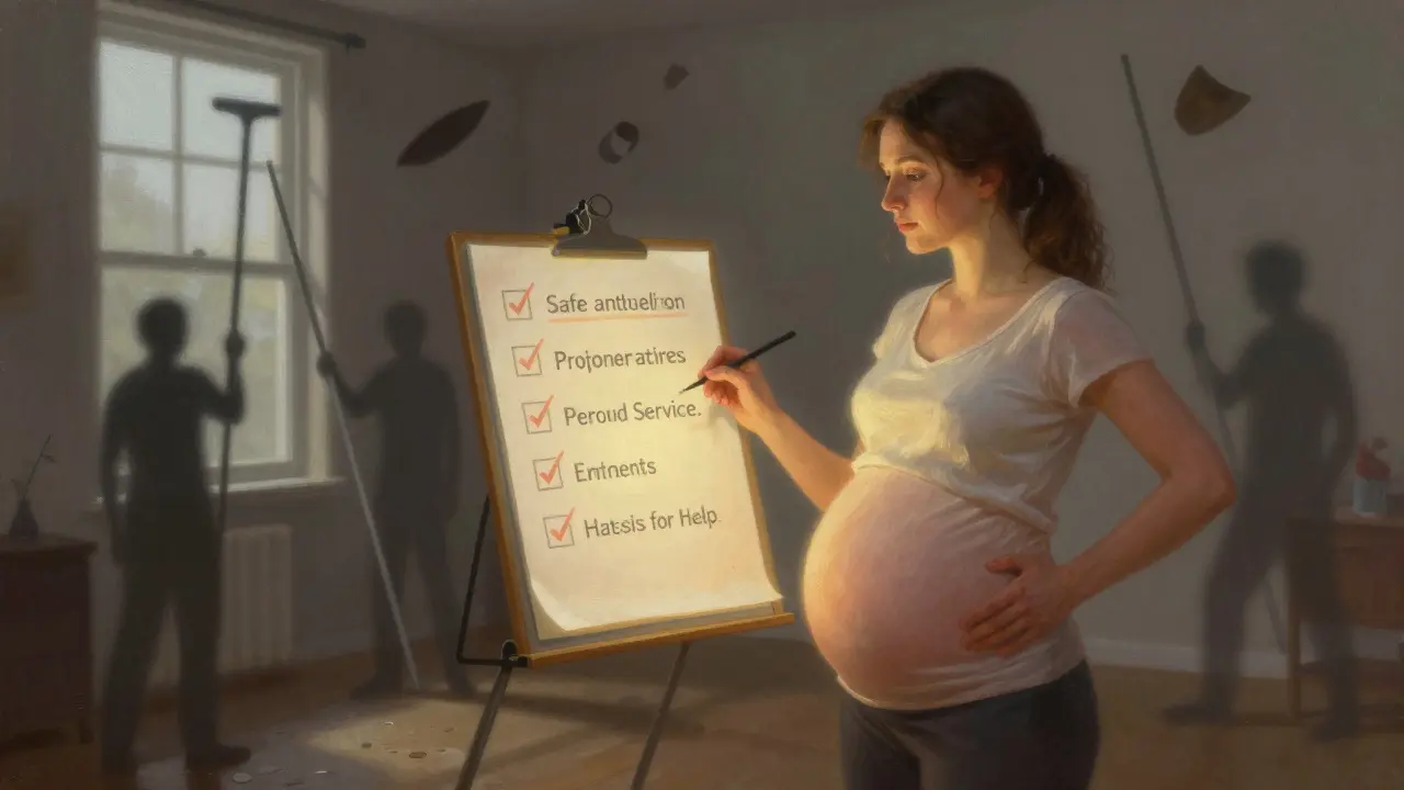 Těhotná žena stojí vedle seznamu bezpečných alternativ k mytí oken, zatímco nebezpečí mizí v stínu.