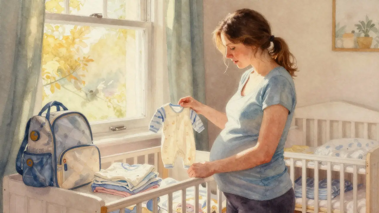 Těhotná žena uklízí přípravu domova pro novorozence