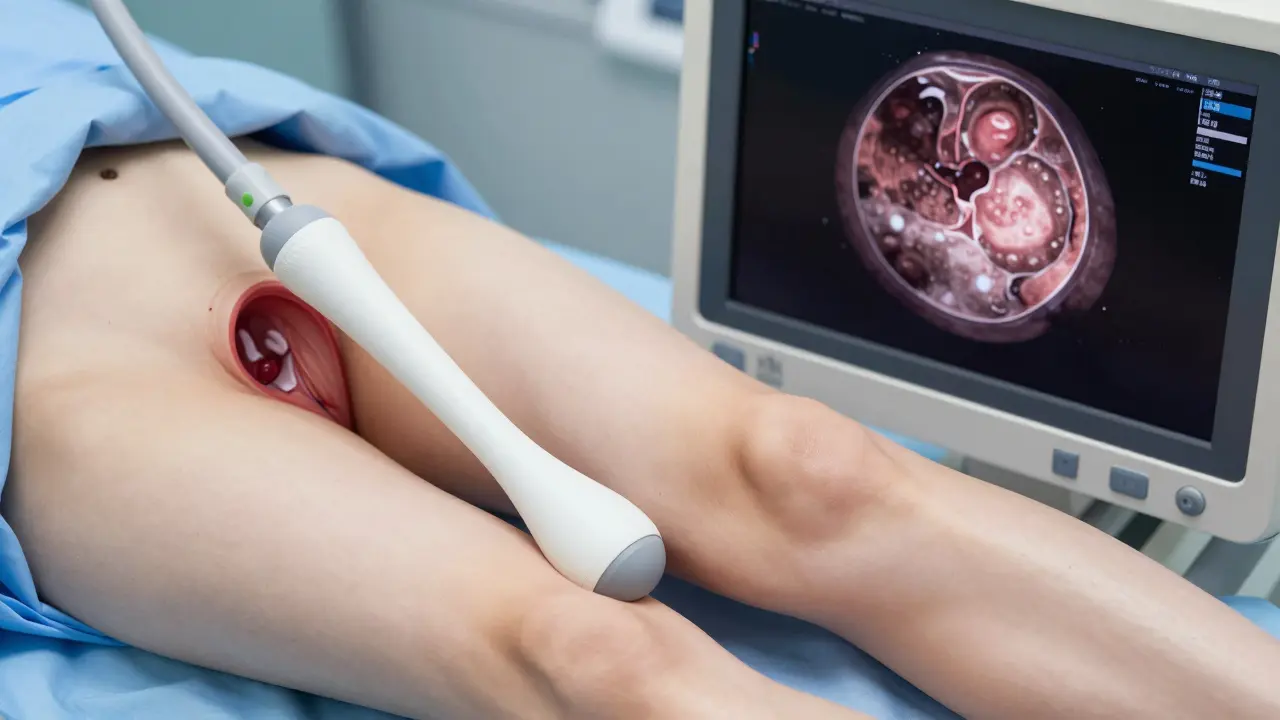 Transvaginální sonografie zobrazuje cystu na vaječníku na monitoru.