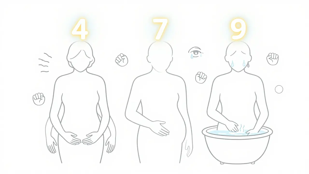 Tři abstraktní siluety s čísly bolesti 4, 7 a 9, každá s různými příznaky.