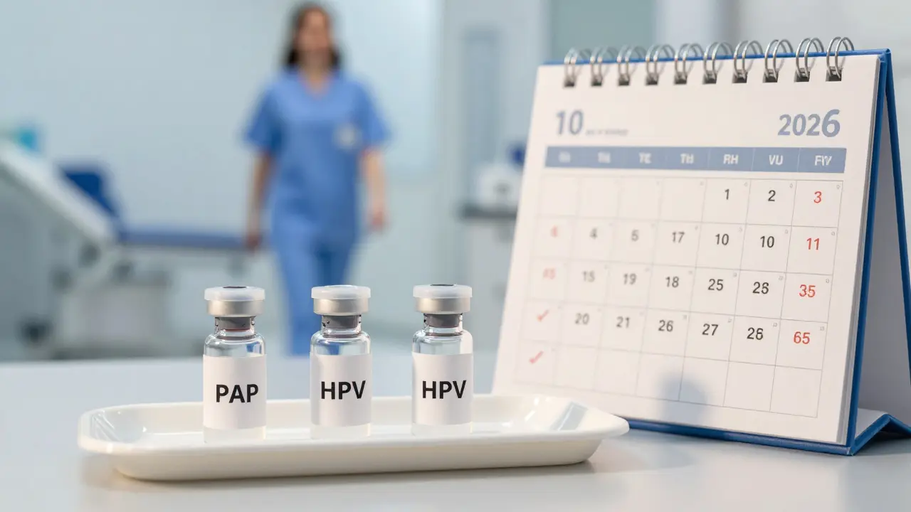 Tři lékařské vzorky s označením PAP, HPV a ultrazvuk na stole vedle kalendáře s věkovými hranicemi.