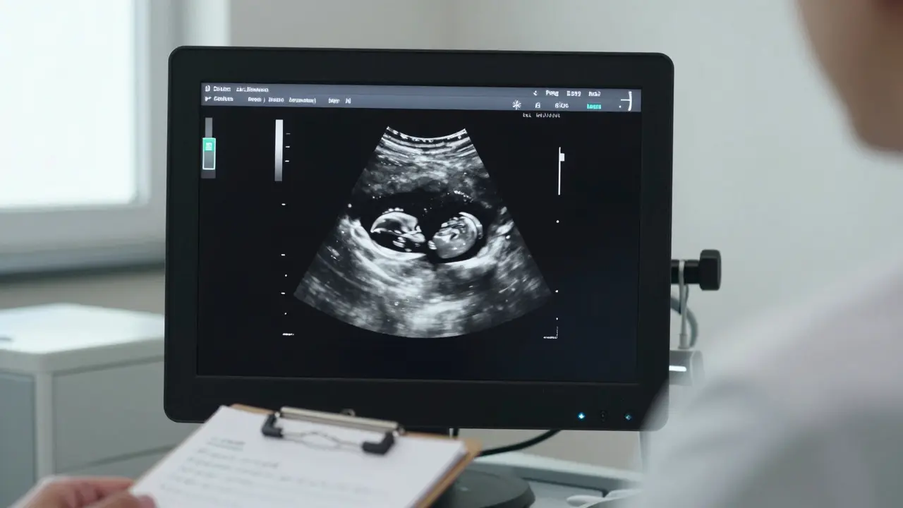 Ultrazvukový obraz 7-týdenního embrya s viditelným srdečním tepem na monitoru.