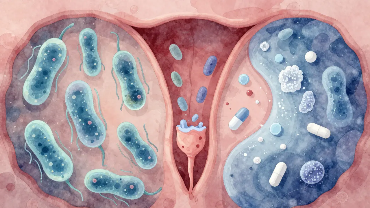 Umělecká ilustrace rovnováhy mezi zdravými bakteriemi a přebytkem hub v pochvě, symbolizovaná kousky cukru a mokrým oblečením.