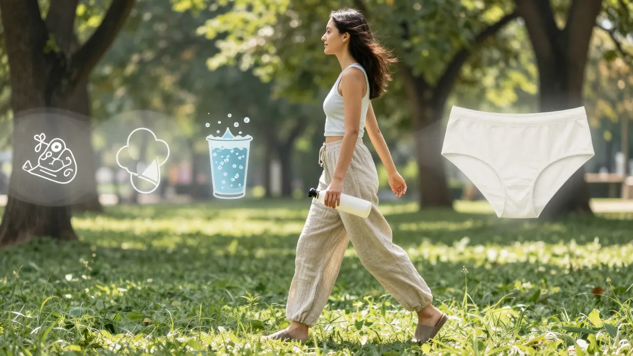 Žena kráčí v volném oblečení v slunečném parku, symbolizující prevenci mykózy zdravým životním stylem.