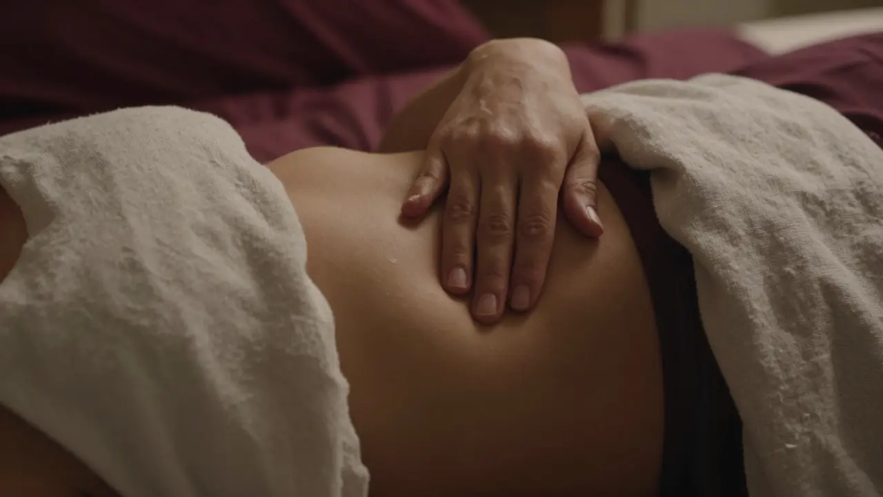 Žena používá teplo na břiše pro úlevu při zotavování.