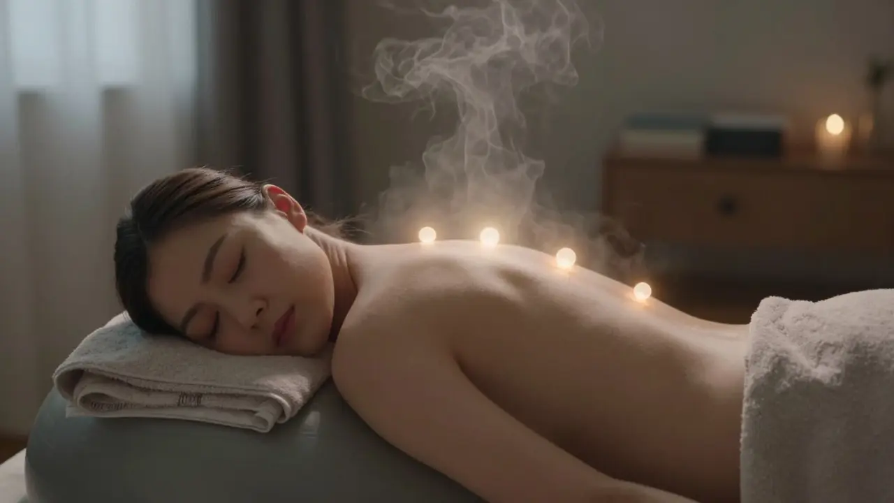 Žena sedí na porodním míči, dýchá hluboce, teplá krytka na zádech.