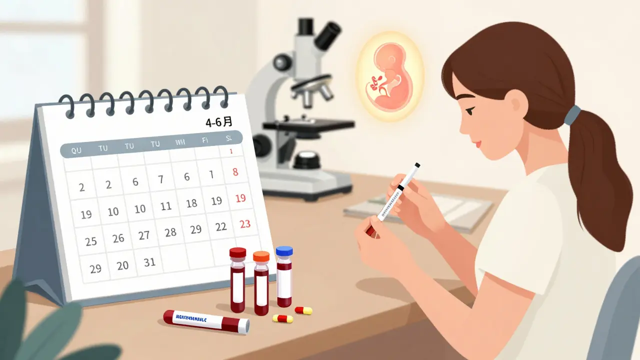 Žena si podává hormonální injekce doma, kolem ní jsou kalendář, testy a embryo pod mikroskopem.