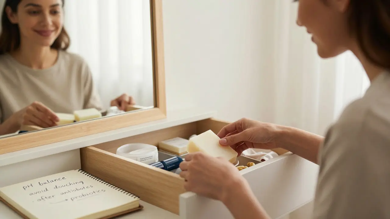 Žena si vybírá bavlněné spodní prádlo a probiotika, na pozadí je poznámka o prevenci.