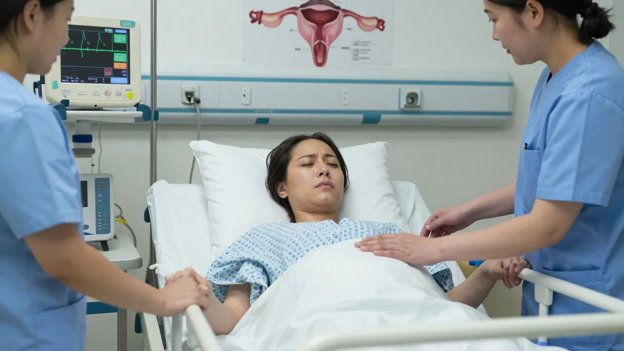 Žena v porodnici zažívá pravidelné kontrakce, zatímco personál sleduje její stav.