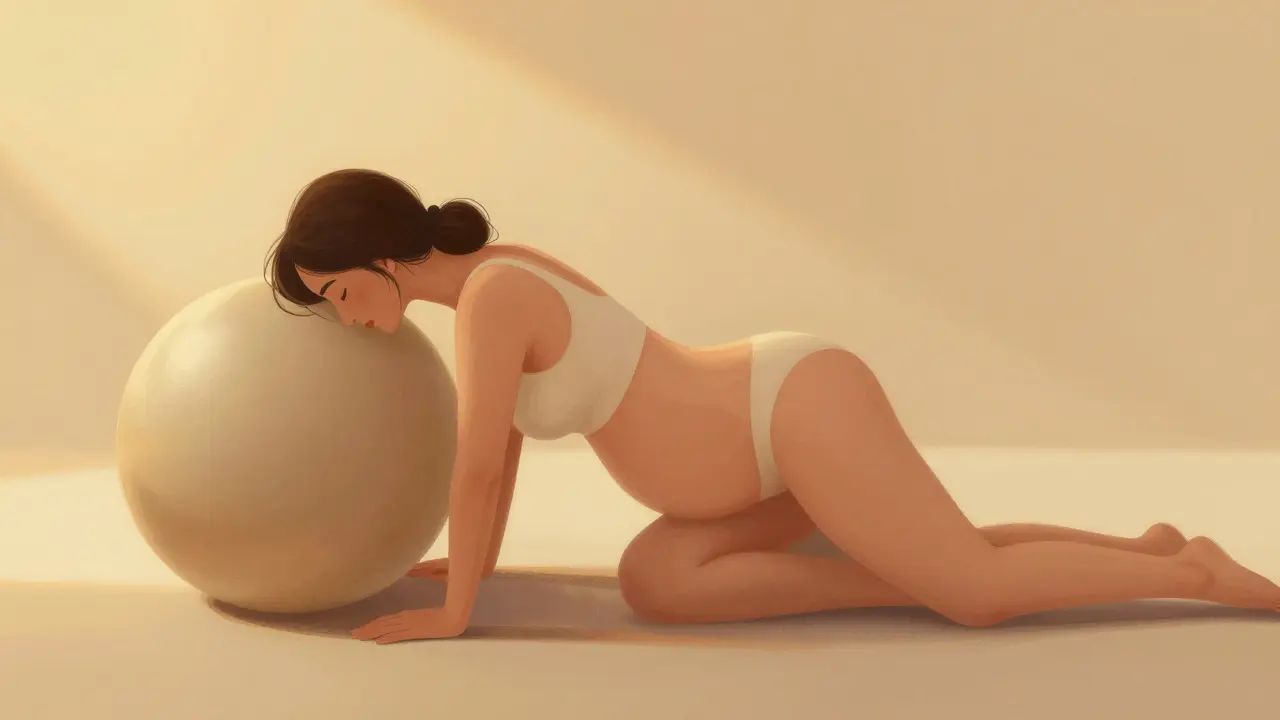 Žena v přirozené pozici na čtyřech během porodu, s porodním míčem v pozadí.