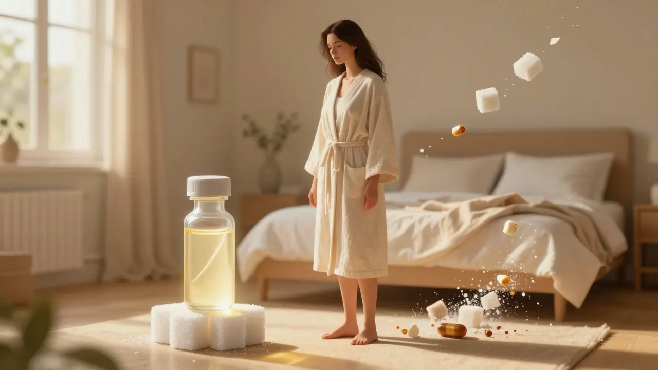 Žena v volné bavlněné plášti stojí v slunečné místnosti, za ní zanikají cukr a syntetické látky, před ní se vznáší léky na mykózu.