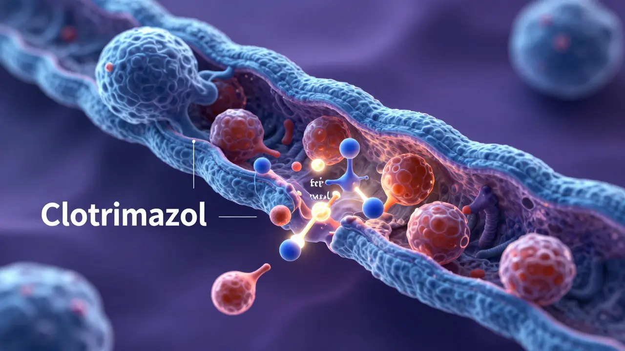 3D vizualizace rozpadu buněčné membrány kvasinek Candida pod vaikutkem léku.