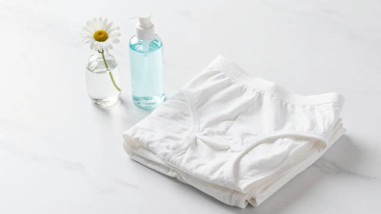 Bavlněné spodní prádlo a jemný hygiene gel na mramorovém podložce.