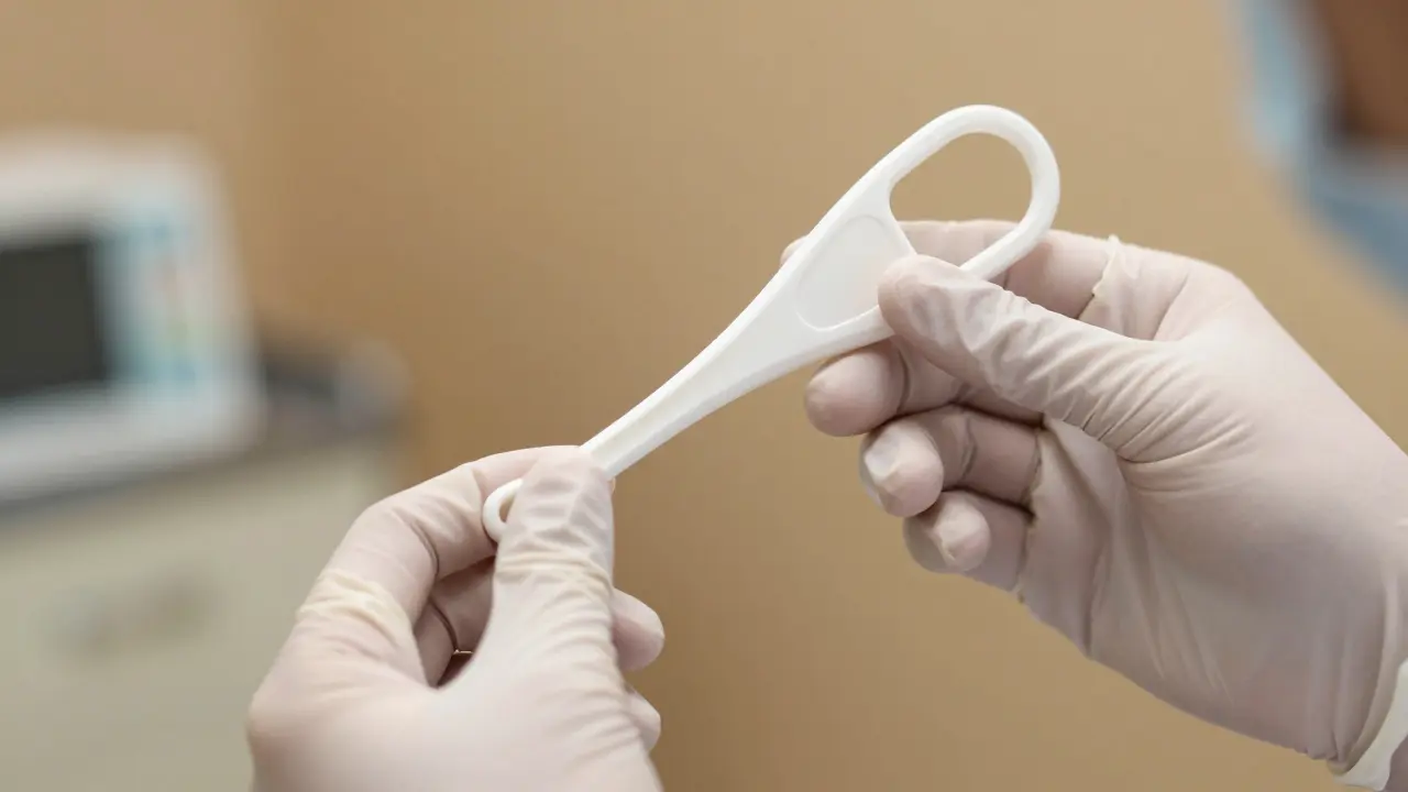 Detail ruky lékaře v rukavici držící jednorázové plastové gynekologické zrcadlo.