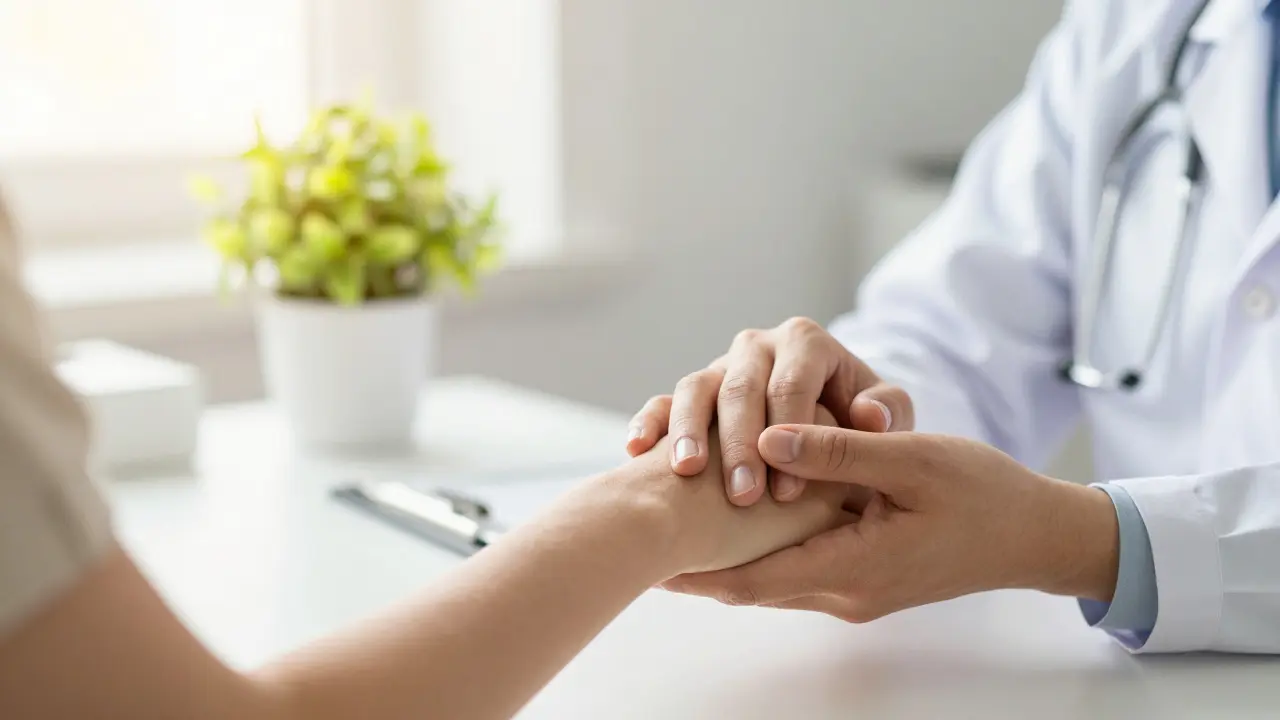 Doktor držící ruku pacientky v optimistickém a pod supportive prostředí.