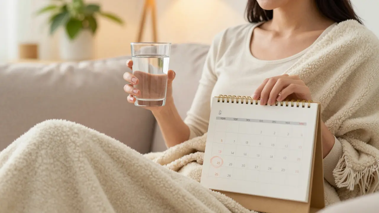 Klidná žena odpočívá s pohárkem vody a kalendářem, symbolizujícím péči o sebe.
