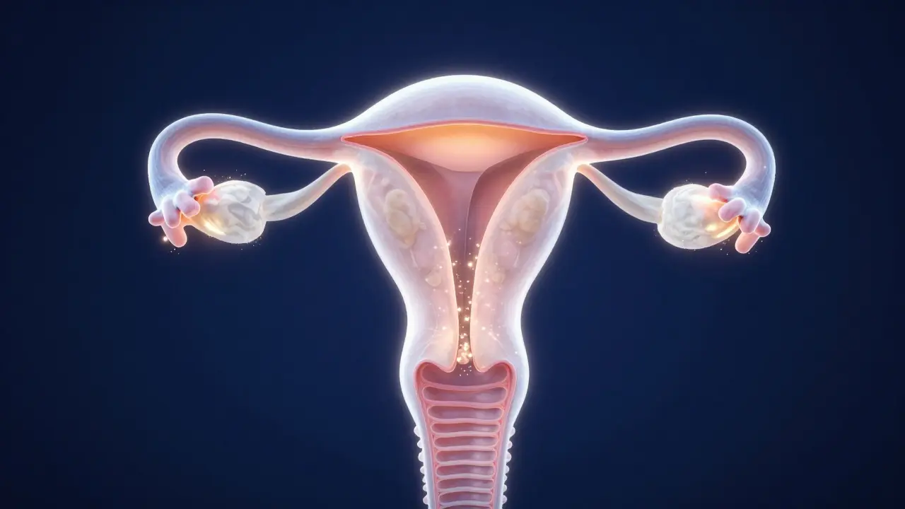 Konceptuální 3D vizualizace plodného okna a ovulace v ženském těle.