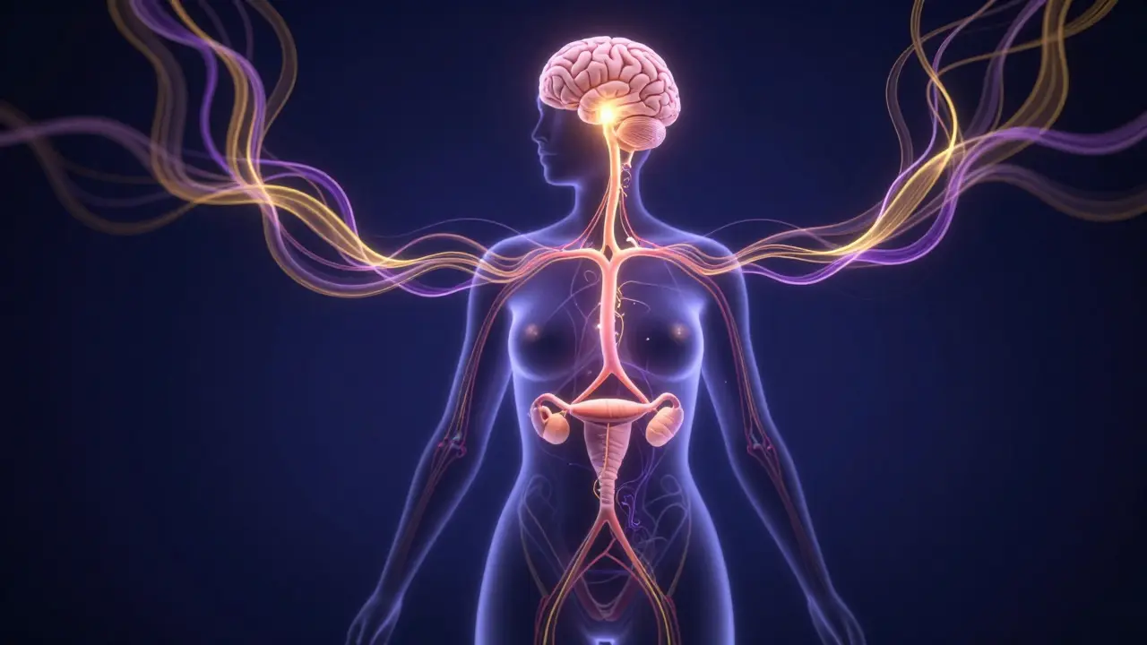 Konceptuální ilustrace hormonálních spojení mezi mozkem a vaječníky.