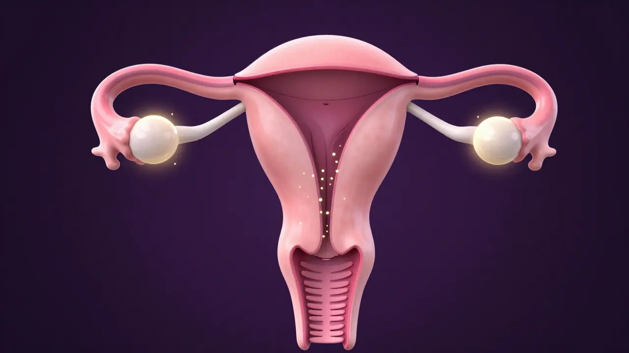 Konceptuální ilustrace vaječníků a hormonálních částic znázorňující oddalení ovulace.