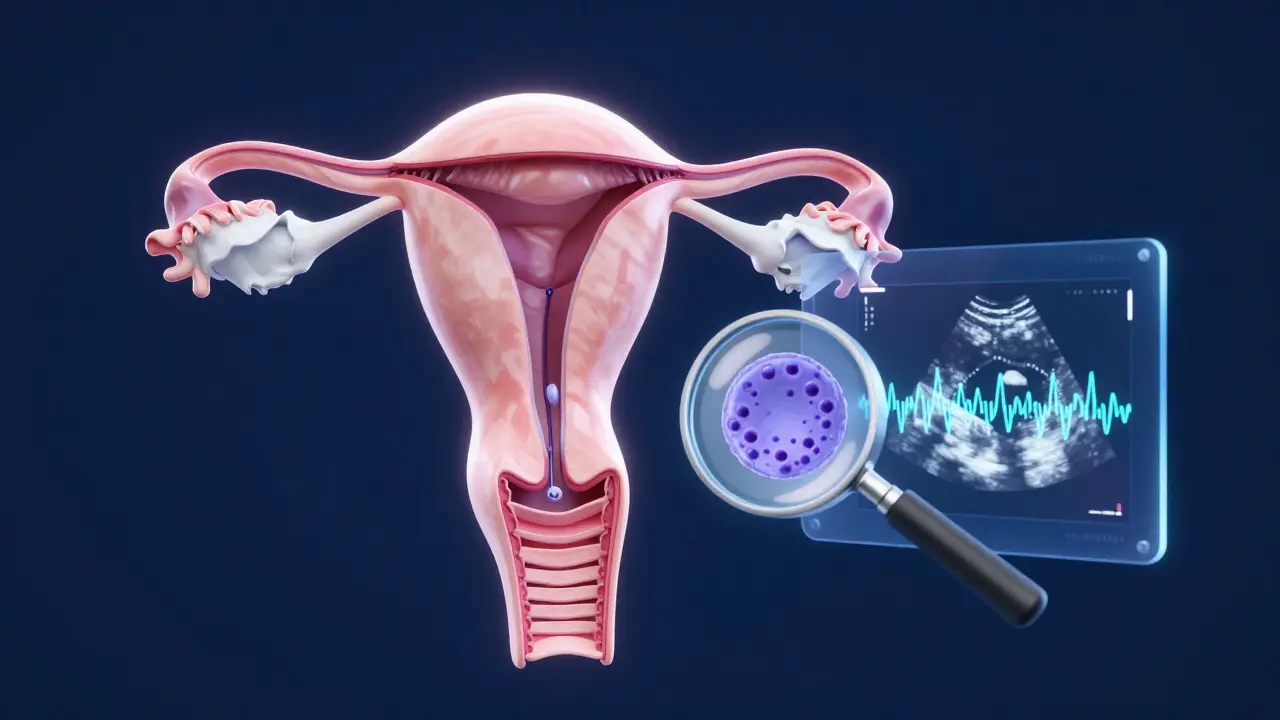 Konceptuální ilustrace ženského reprodukčního systému s prvky cytologie a ultrazvuku.