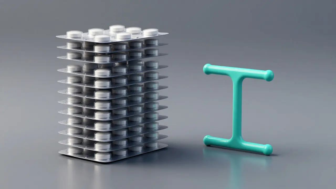 Konceptuální srovnání nákladů na antikoncepční pilulky a jedno tělísko.