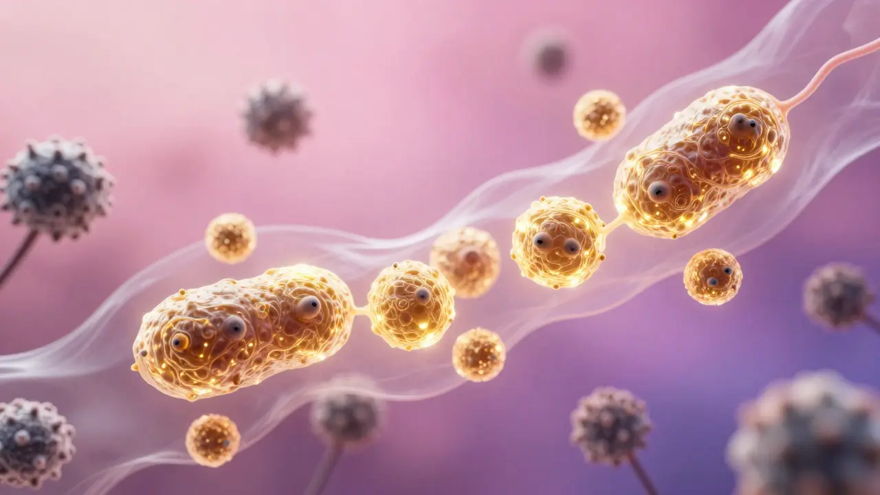 Konceptuální znázornění ochranné bariéry laktobacilů proti kvasinkám.