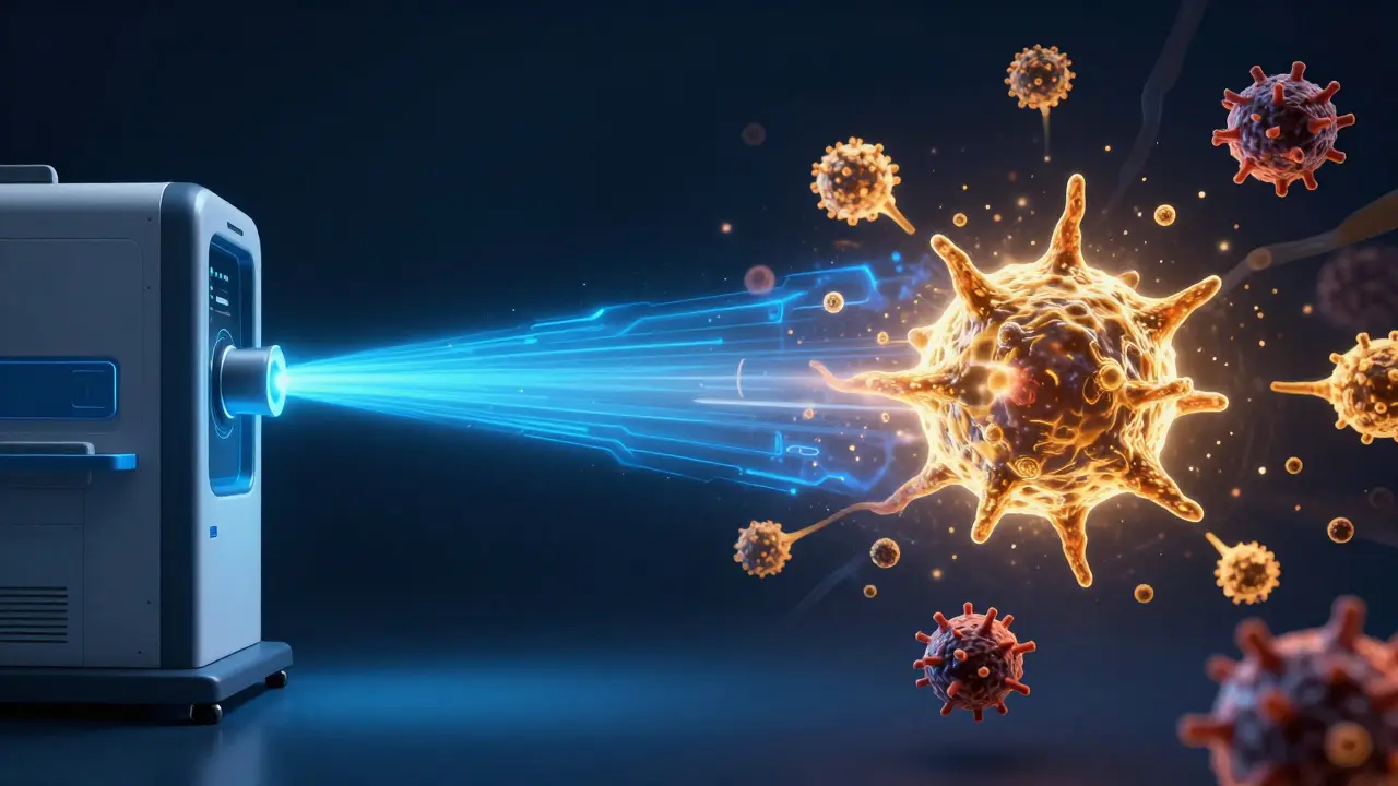 Konceptuální zobrazení radioterapie a imunoterapie bojující s rakovinnými buňkami.