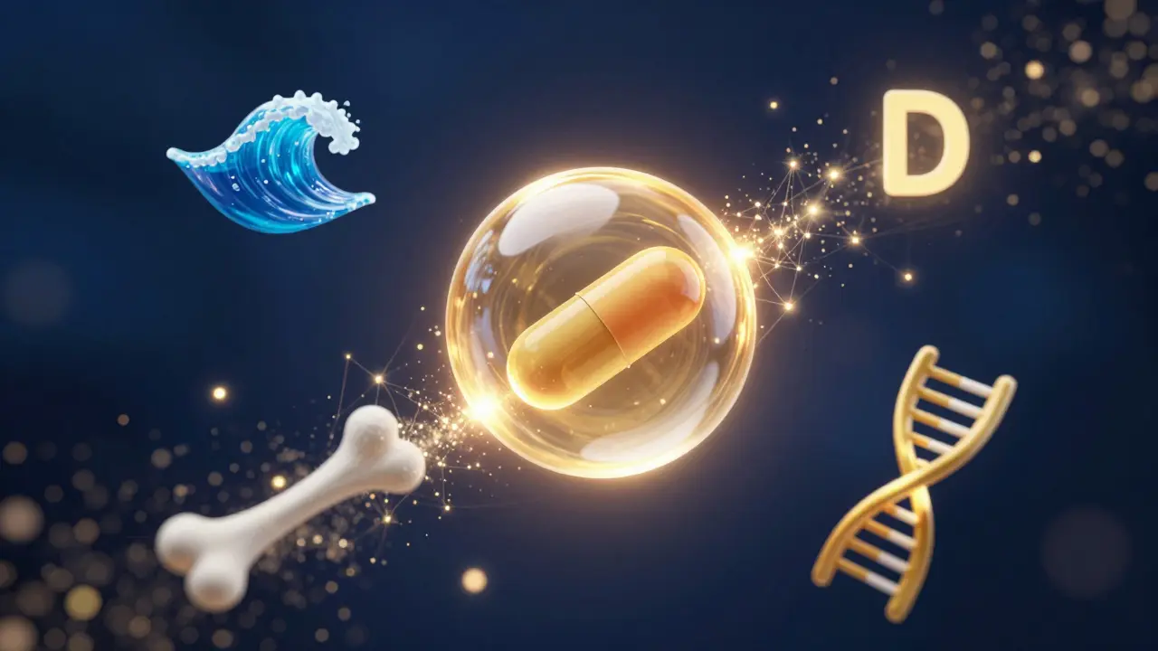 Konceptuální zobrazení vitamínu D, jódu a kyseliny listové jako zářících energetických symbolů.