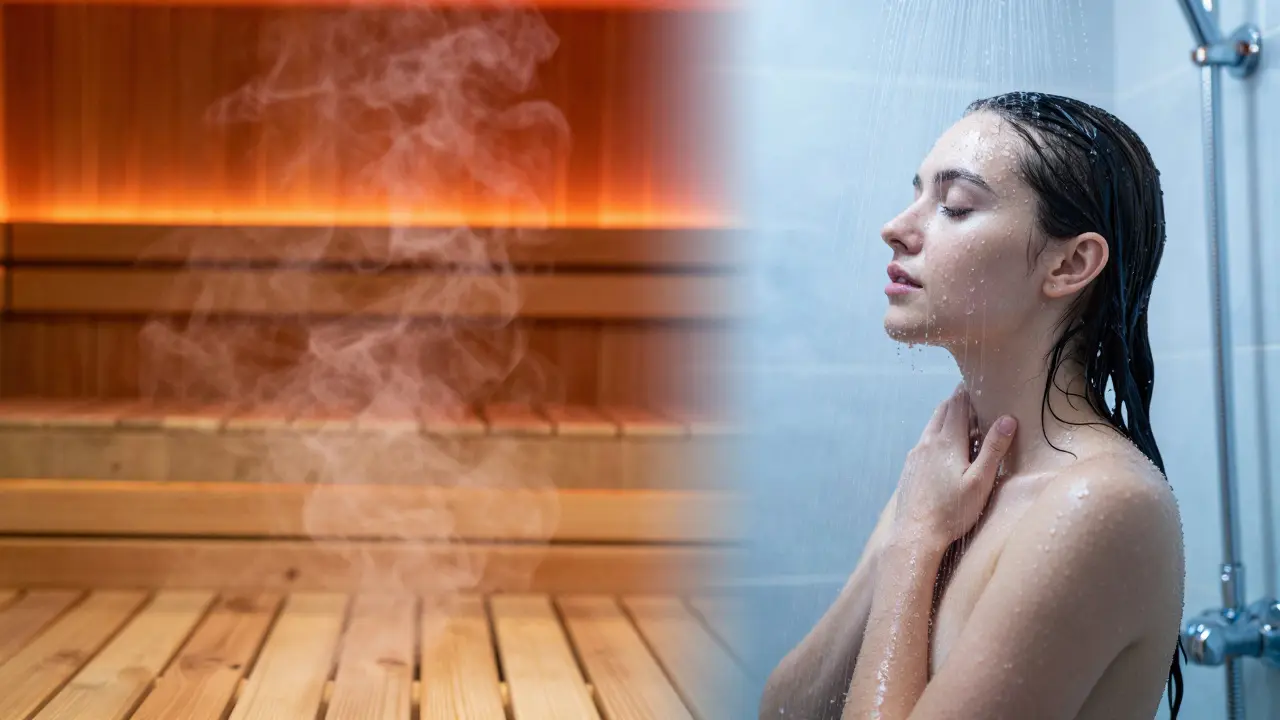 Kontrast mezi horkou saunou a vlažnou sprchou pro znázornění teplotního rizika.