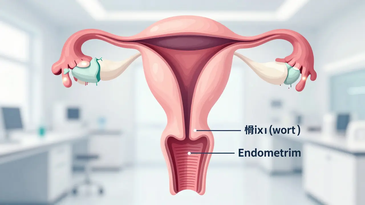 Konzepční lékařská ilustrace rozdílu mezi děložním hrdlem a tělem dělohy.