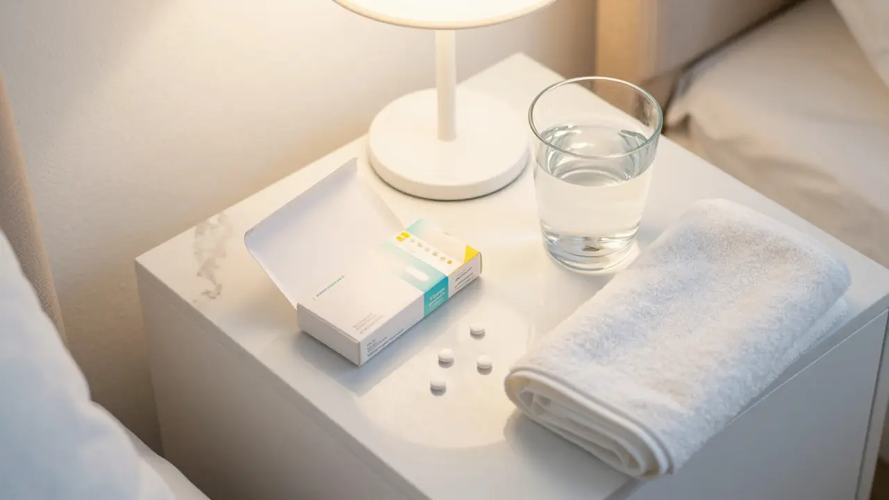Krabice s léčivými tabletkami a sklenice vody na nočním stolku.