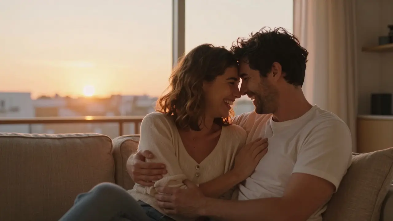 Kývající se pár v objatí v teplém světle obývacího pokoje