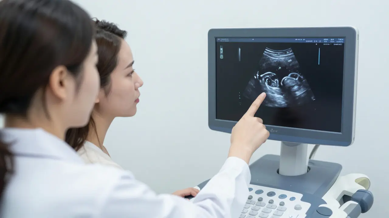 Lékař ukazuje výsledky ultrazvukového vyšetření těhotné ženě v moderní ordinaci.