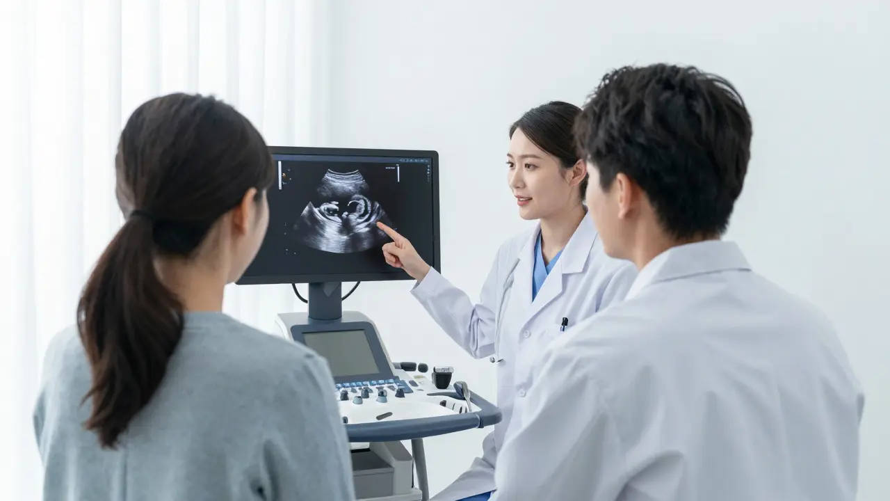 Lékařka v moderní ordinaci poskytuje podporu a radu páru plánujícímu dítě.