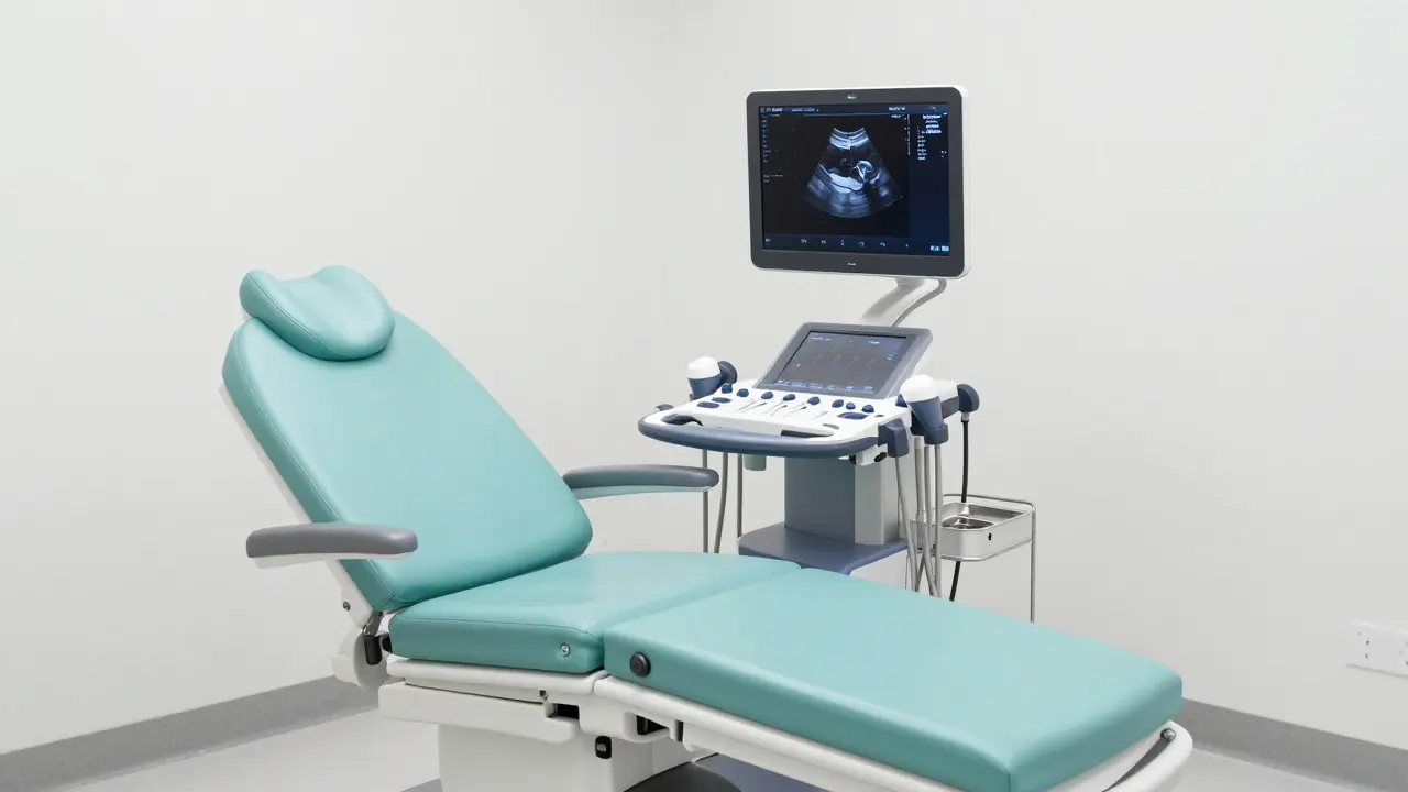 Moderní vyšetřovna s gynekologickým křeslem a přístrojem na sonografii.