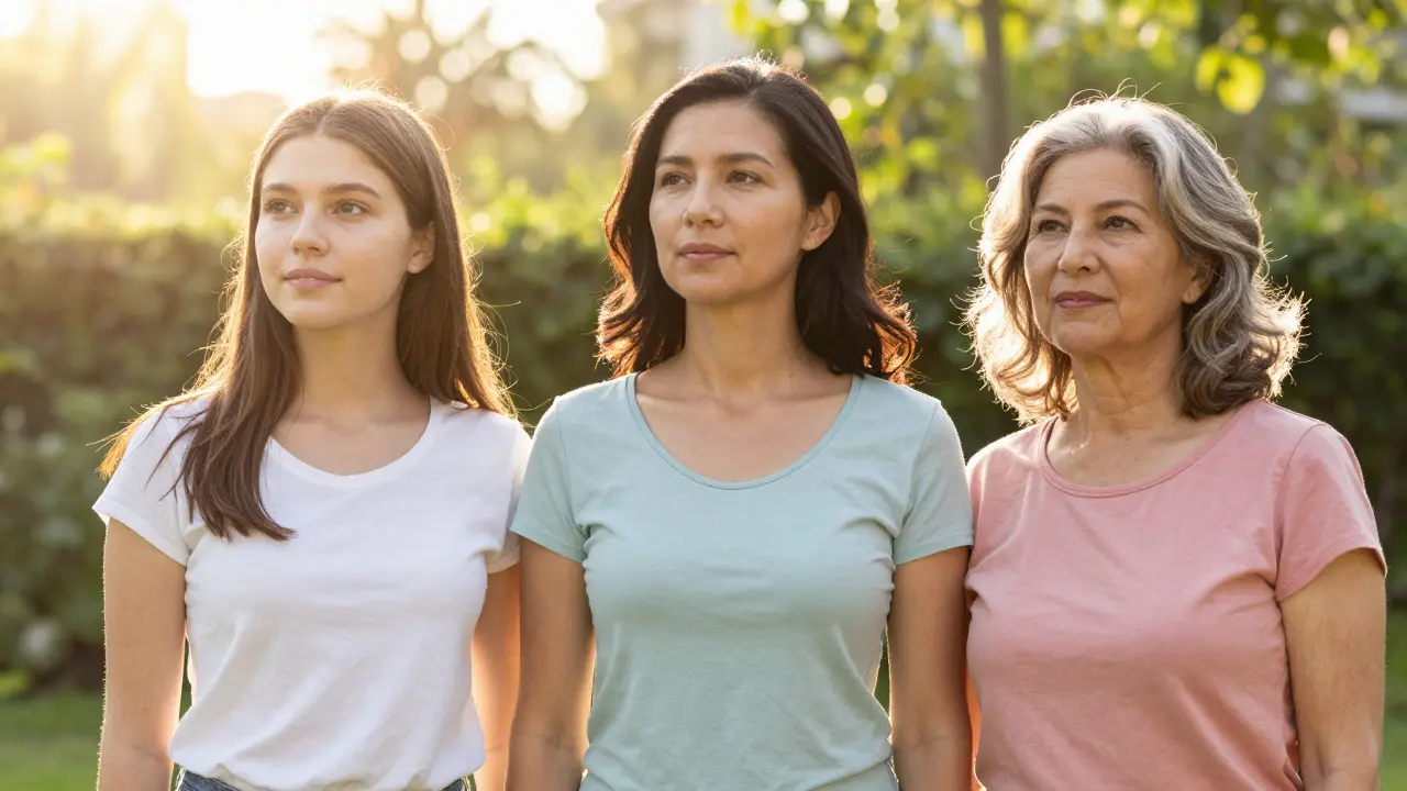 Tři ženy v různém věku symbolizující péči o zdraví v průběhu celého života.
