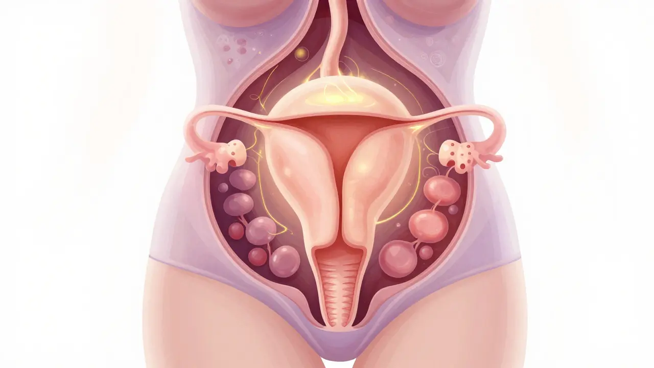 Umělecká ilustrace růstu dělohy a hormonálních změn v těle ženy.