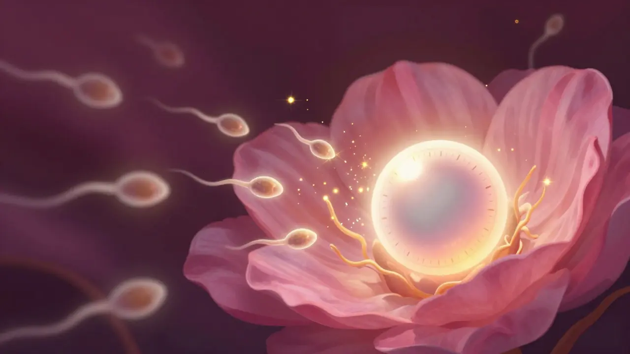 Umělecká vizualizace plodného okna svítícími zlatými prvky av měkkých růžových tónech.