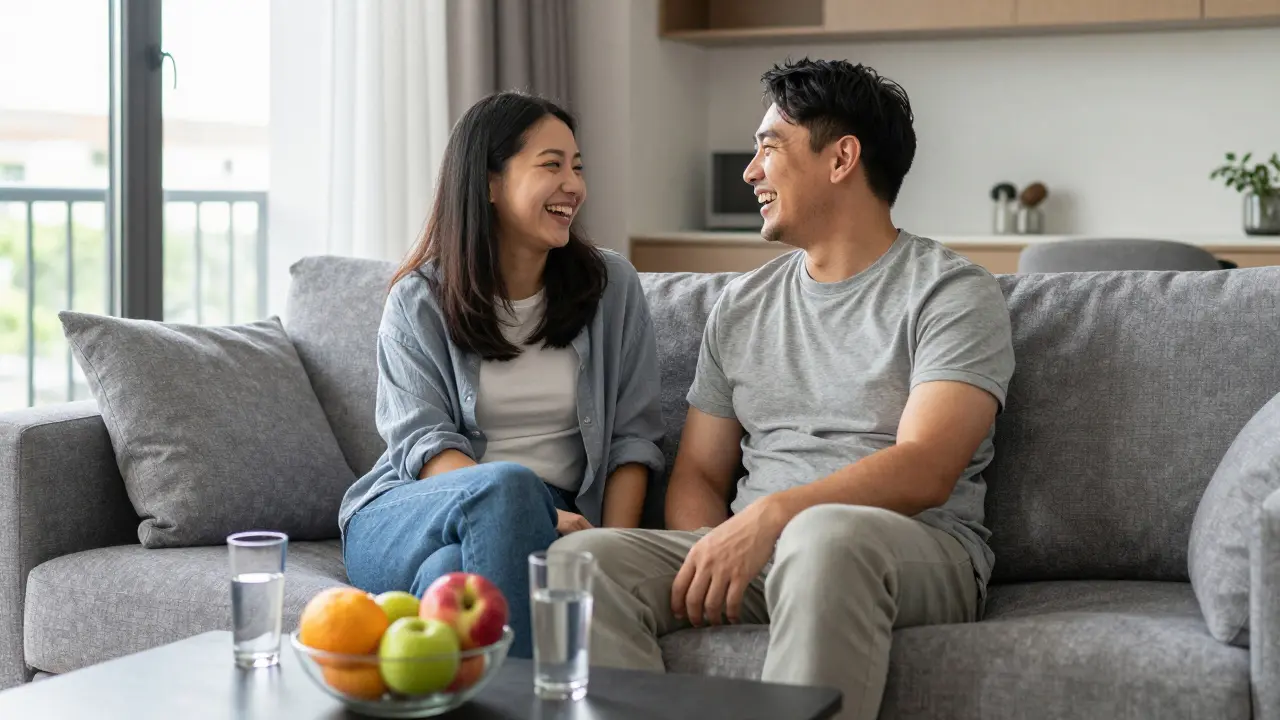 Vestupně uvolněný pár v obývacím pokoji sdílející společné chvíle bez stresu.