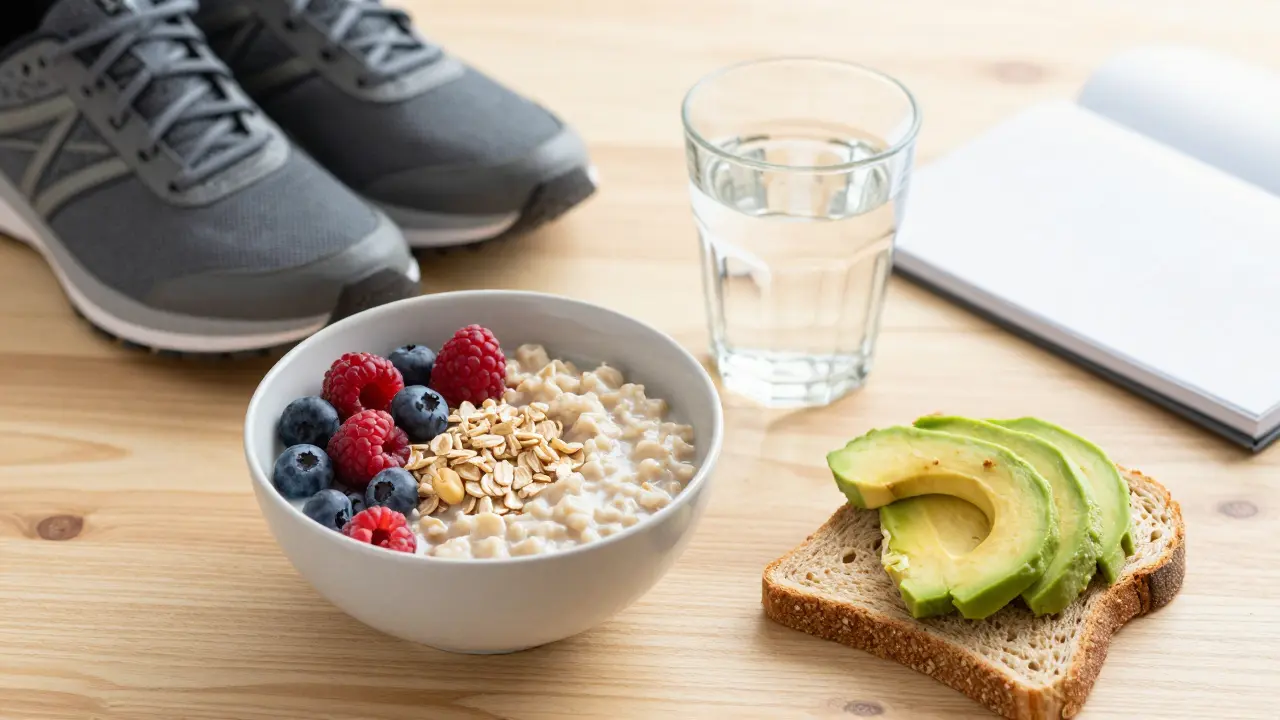 Zdravá snídaně a boty na chůzi jako symboly rovnováhy a zdravého životního stylu.