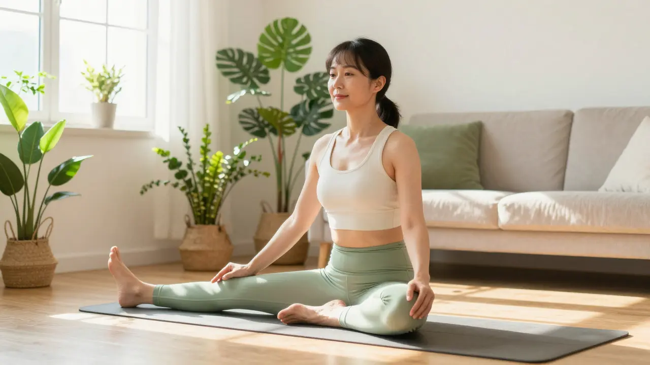 Žena cvičící v mutually prosvětleném obývacích v rámci rekonvalescence.