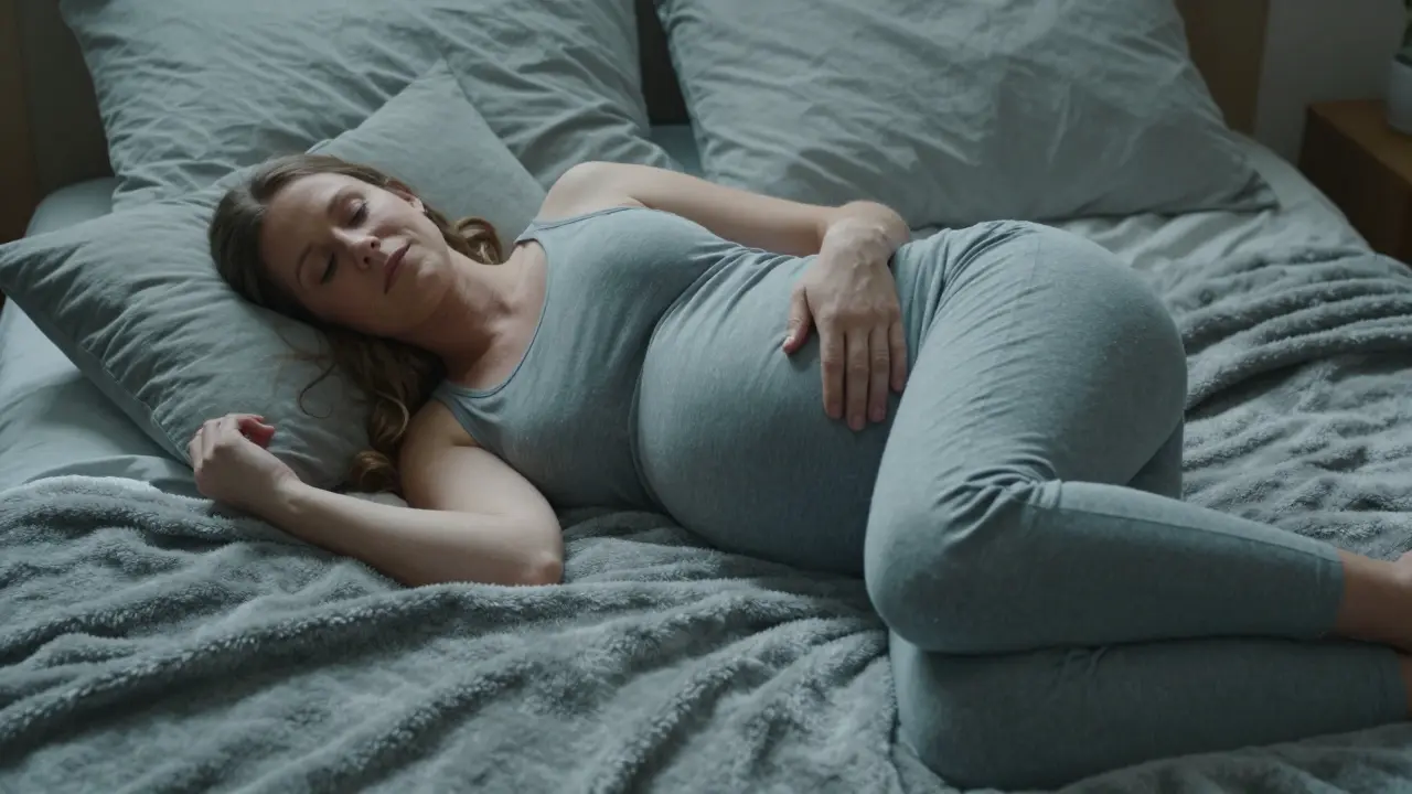 Žena odpočívá v pohodlné poloze na posteli pro uvolnění napětí v břiše.