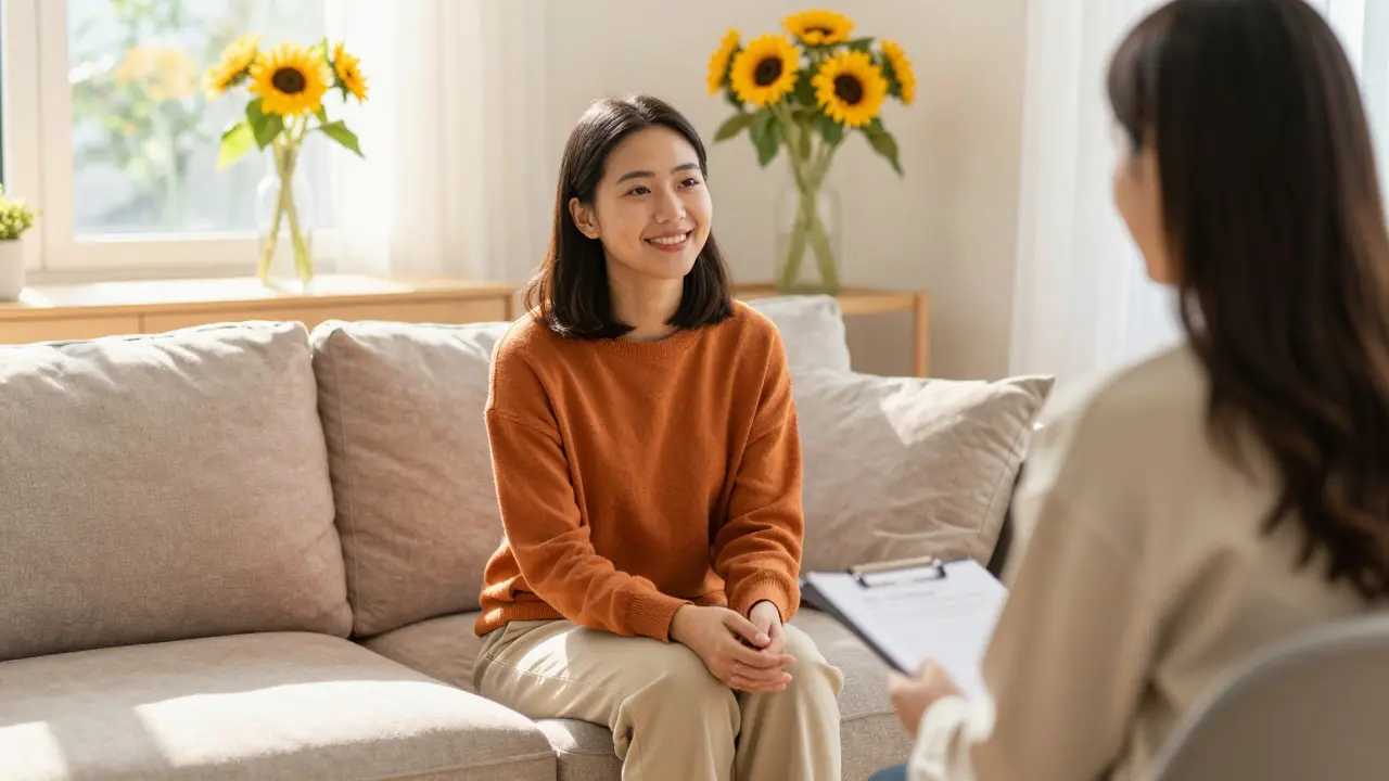 Žena při psychologické konzultaci v útulném a světlém prostředí.