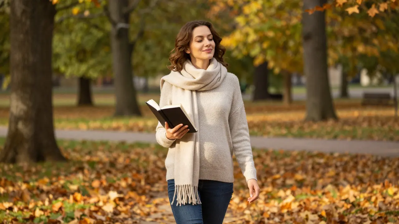 Žena procházející se s knihou v podzimním parku pro zklidnění mysli.
