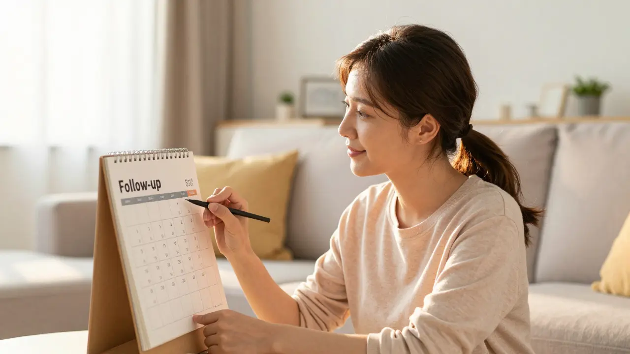 Žena si v kalendáři zaznamenává datum kontrolního vyšetření u lékaře.