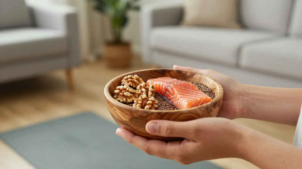 Ženské ruce drží misku s vlašskými ořechy a lososem v útulném, zdravém domácím prostředí.