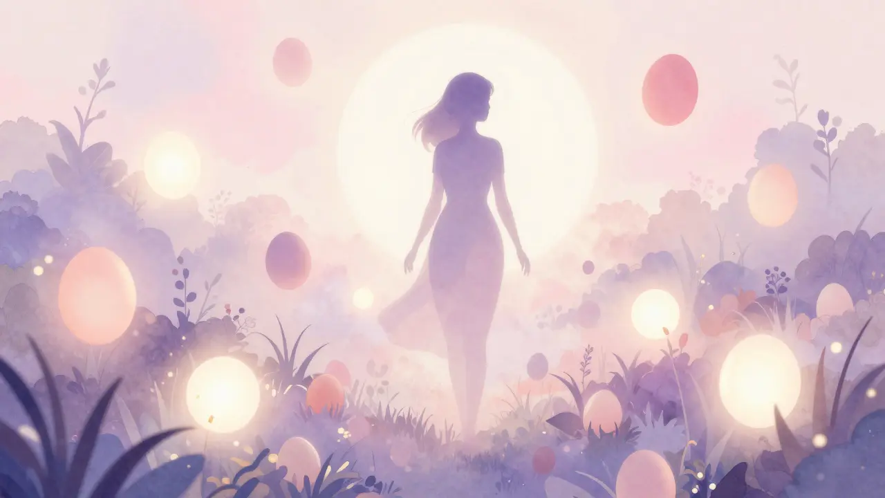 Abstraktní ilustrace ženy s zářícími sférami symbolizujícími plodnost