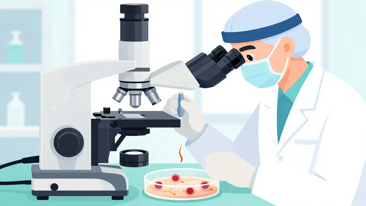 Embryolog provádí ICSI v laboratoři